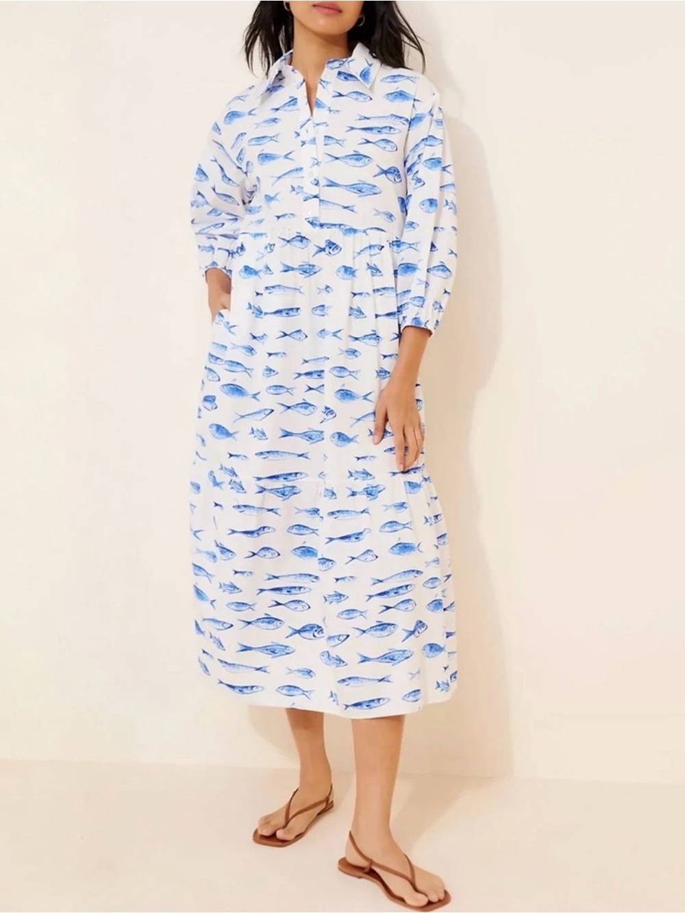 Maeve The Bettina White and Blue Fish-Print Tiered Shirt Dress Small - Picture 7 of 7